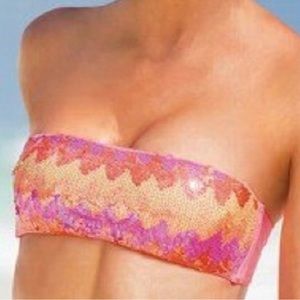🔥🔥 VS Bikini Top Coral sequins Bandeau Strapless size Small Excellent